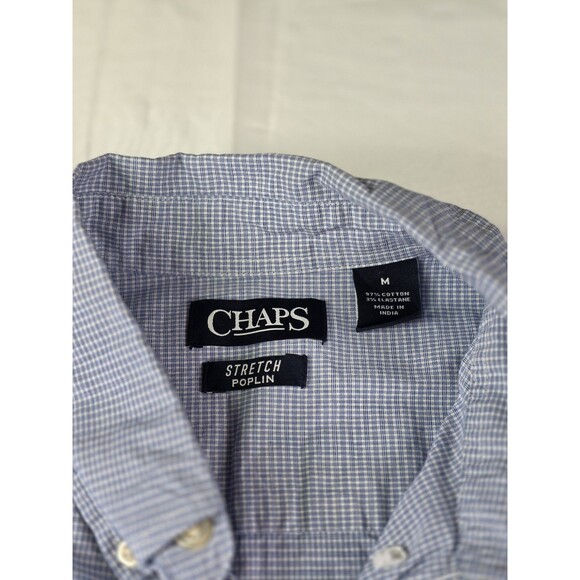 Chaps Men’s Size Medium Poplin Stretch‎ Blue White Checkered Shirt Sleeve Shirt - Picture 3 of 7
